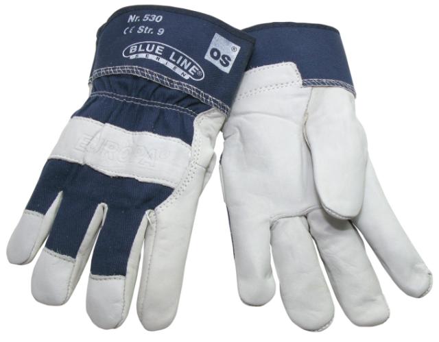 Blue Line, oksehudshandske, blå/hvid, str. 7