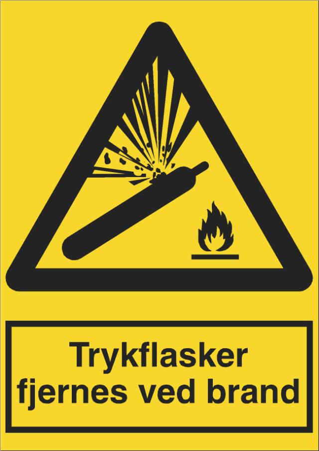 Skilt: Ttrykflasker fjernes ved brand, selv-klæbende, gul/so