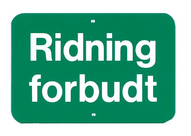 Skilt: Ridning forbudt, alu, grøn/hvid, 30 x 20 cm